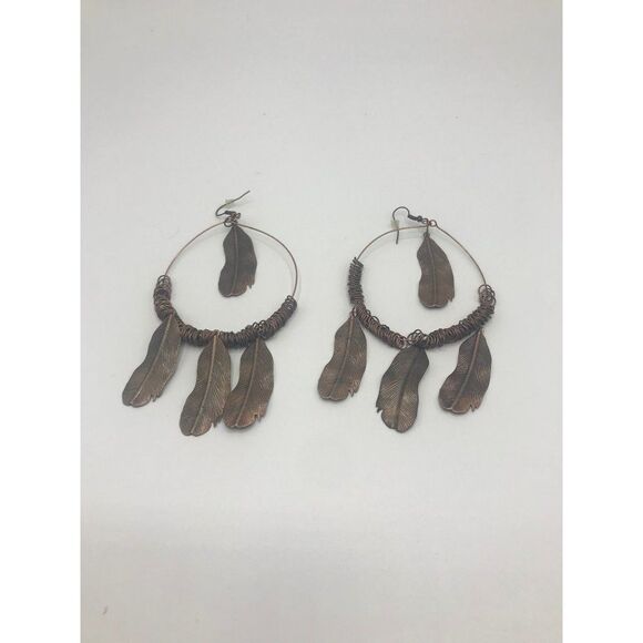 Boho Tribal copper feather hoop dangle French hook statement earrings. - Picture 3 of 7